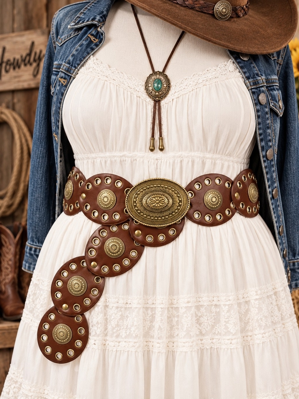 Brown Western Concho Waist Belt with Antique Gold Medallions